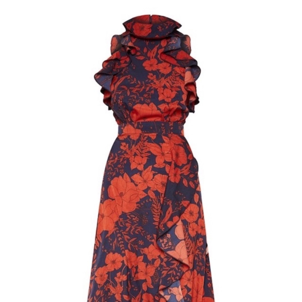PrettyLittle thing Navy Floral Frill Wrap Dress - Picture 4 of 4